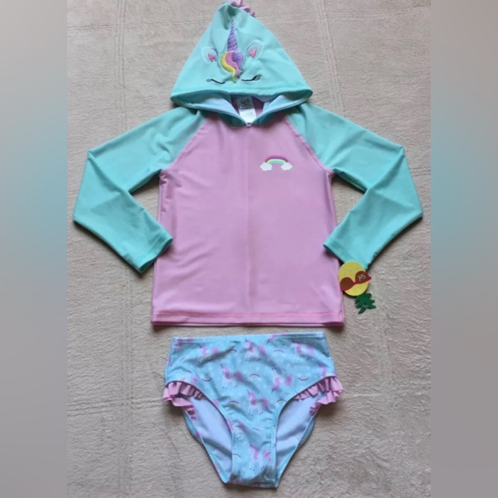SOL Girls Rash Guard, Sz 6X, 2-Pieces, Unicorn Hood, Long Sleeves, Bikini Bottom